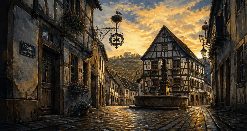 Villages of alsace : rue pavée, maisons à colombages et fontaine