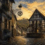 Villages of alsace : rue pavée, maisons à colombages et fontaine