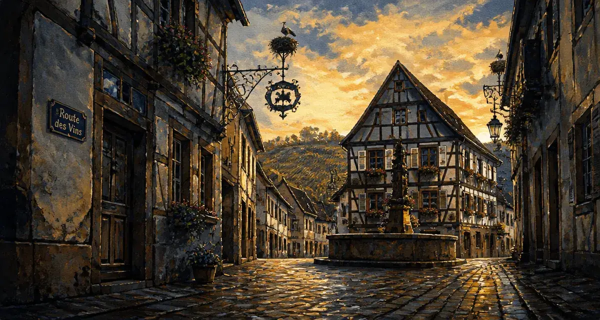 Villages of alsace : rue pavée, maisons à colombages et fontaine