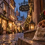 week end en alsace noel à Colmar : ruelle pavée, marché de Noël
