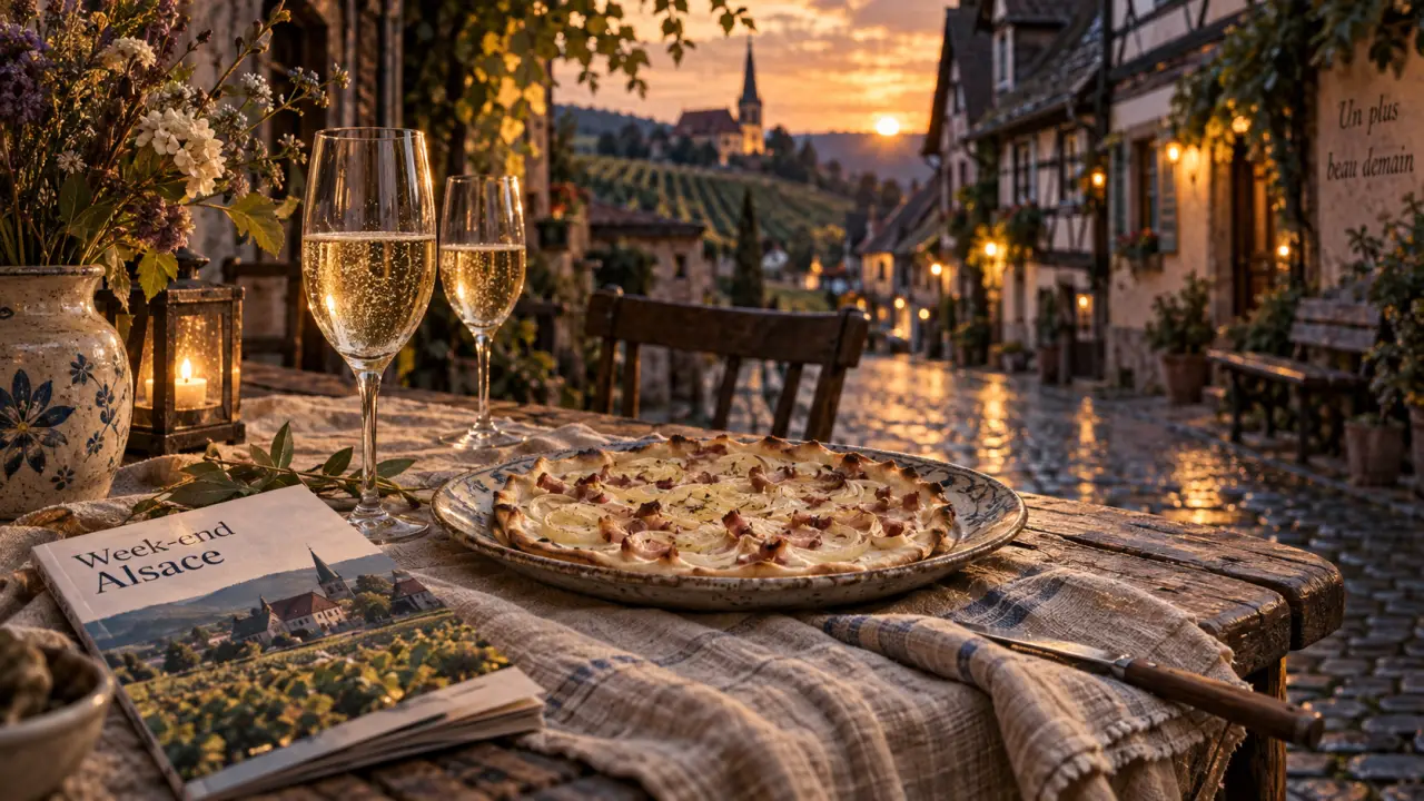 Week end amoureux Alsace pas cher : crémant et tarte flambée en ruelle à colombages