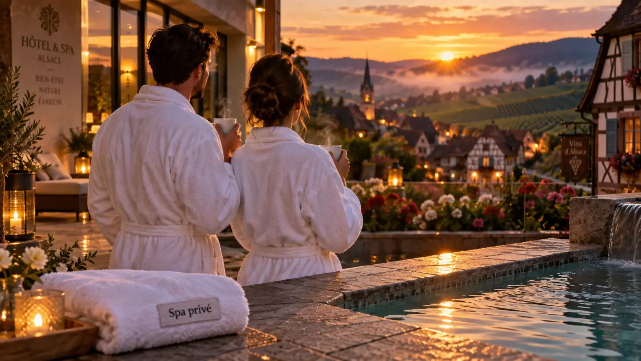 Week end amoureux Alsace spa : couple en spa privé, tasses fumantes