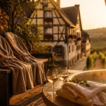 Week end en amoureux en Alsace avec spa privatif : terrasse privée jacuzzi en golden hour