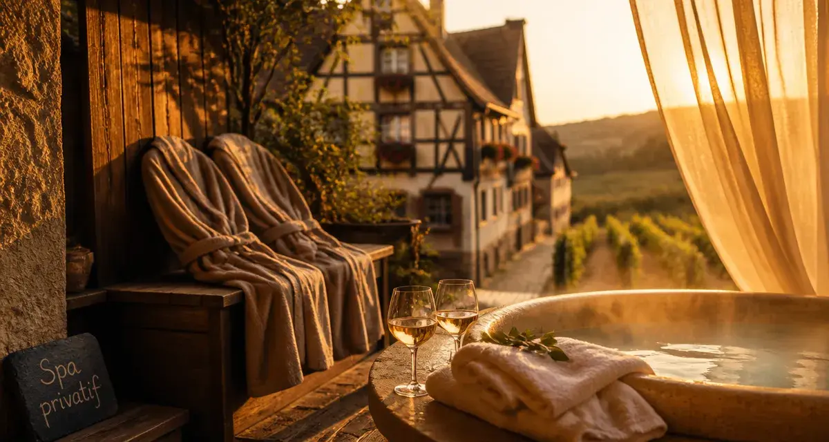 Week end en amoureux en Alsace avec spa privatif : terrasse privée jacuzzi en golden hour
