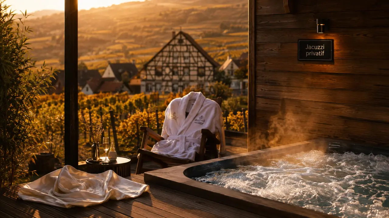 Week end en amoureux : chambre avec jacuzzi privatif en Alsace, vignoble et terrasse