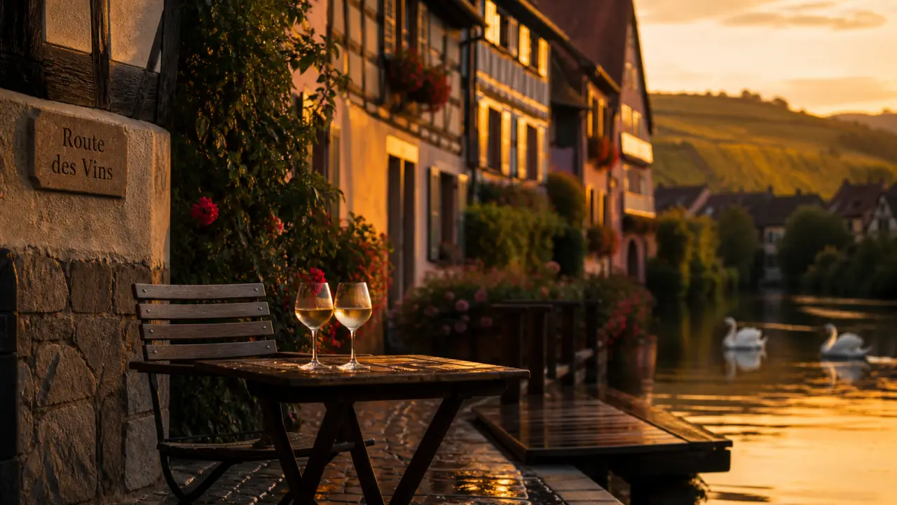 Week end france alsace : canal à Strasbourg, maisons à colombages et vignes au coucher du soleil