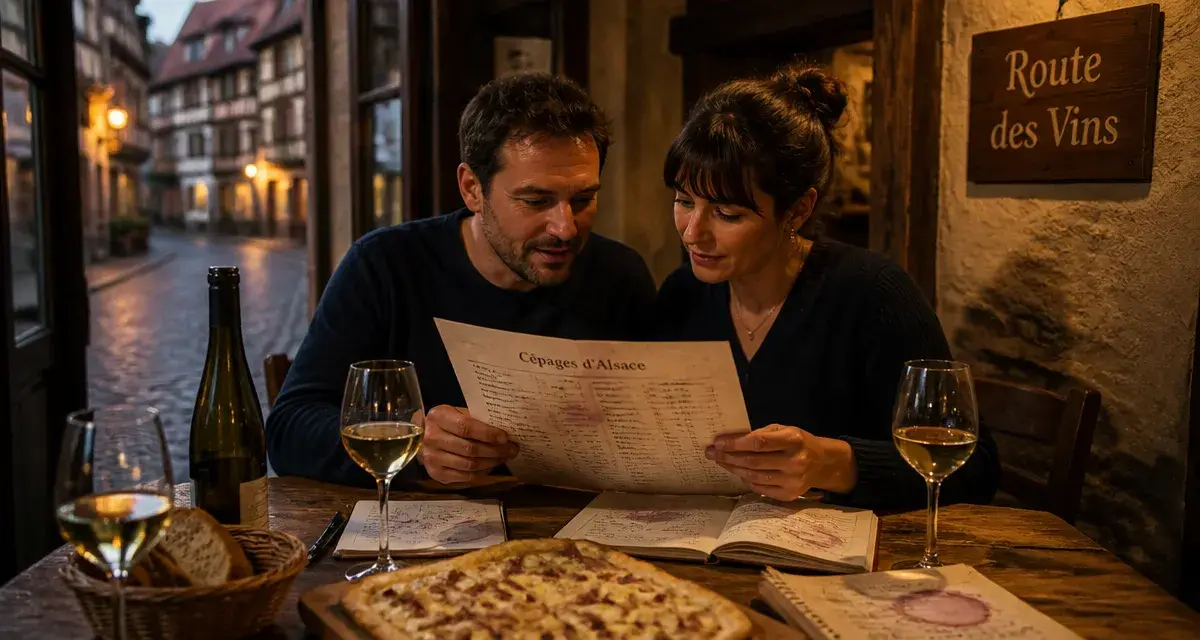 Week end oenologie alsace : table en winstub, dégustation vin blanc, ruelle alsacienne