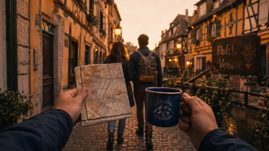 Week end romantique alsace à Colmar, couple dans une ruelle