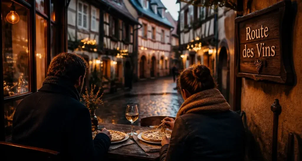 Week end saint valentin alsace à Colmar : couple partage une tarte flambée dans une ruelle alsacienne