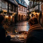 Week end saint valentin alsace à Colmar : couple partage une tarte flambée dans une ruelle alsacienne