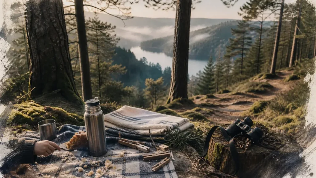 Week end vosges famille : pique-nique au bord d’un lac dans la forêt, enfants et jumelles