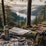 Week end vosges famille : pique-nique au bord d’un lac dans la forêt, enfants et jumelles
