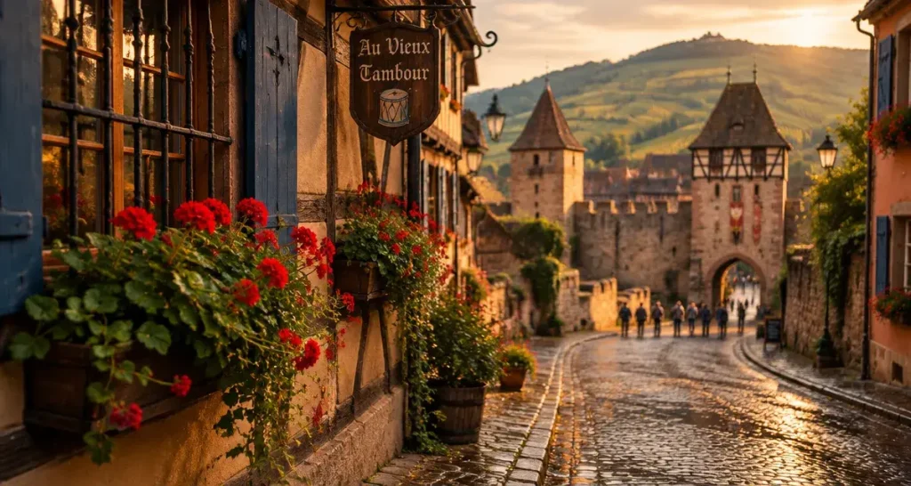 Alsace best villages : ruelle pavée avec maisons à colombages