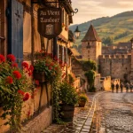 Alsace best villages : ruelle pavée avec maisons à colombages