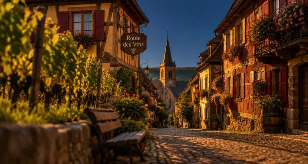 alsace wine route villages : rue pavée et vignes en Alsace