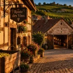 Alsace wine villages : ruelle pavée, Route des Vins et cave viticole