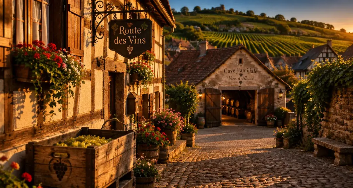 Alsace wine villages : ruelle pavée, Route des Vins et cave viticole