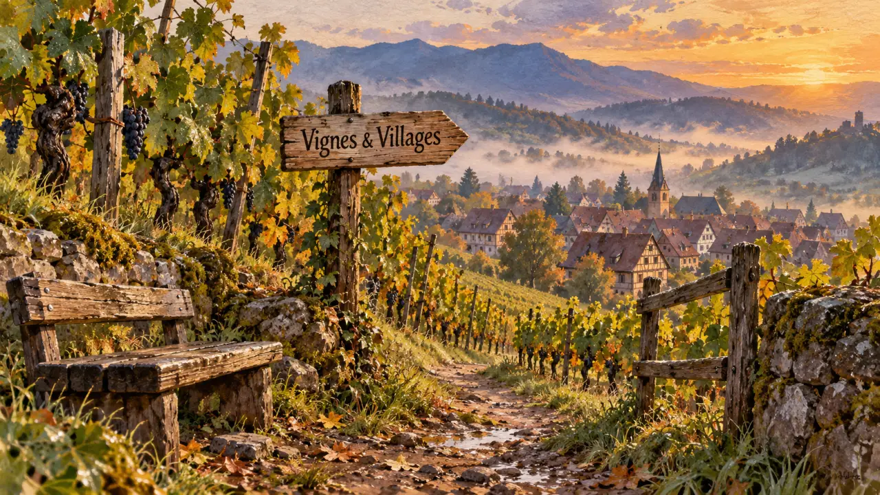 Belle randonnée Alsace : sentier entre vignes et panneaux Vignes & Villages