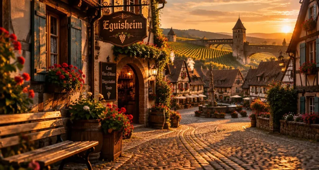 Best villages in alsace : ruelle fleuries et colombages d’Eguisheim au golden hour