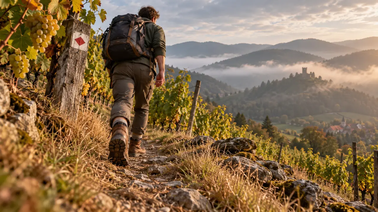 Chemin de randonnée alsace dans un vignoble, balise Club Vosgien