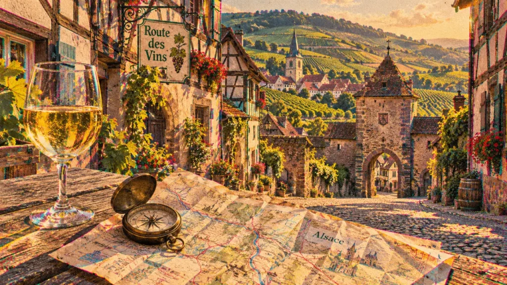Circuit villages Alsace : rue médiévale, maisons à colombages et vignes