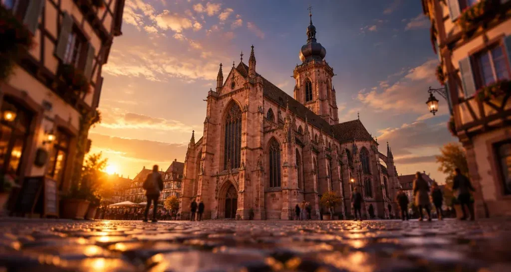 Collégiale saint martin colmar et lanternon à bulbe au golden hour