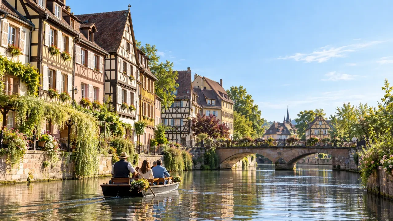 Balade bateau Petite Venise Colmar sur la Lauch devant les maisons à colombages