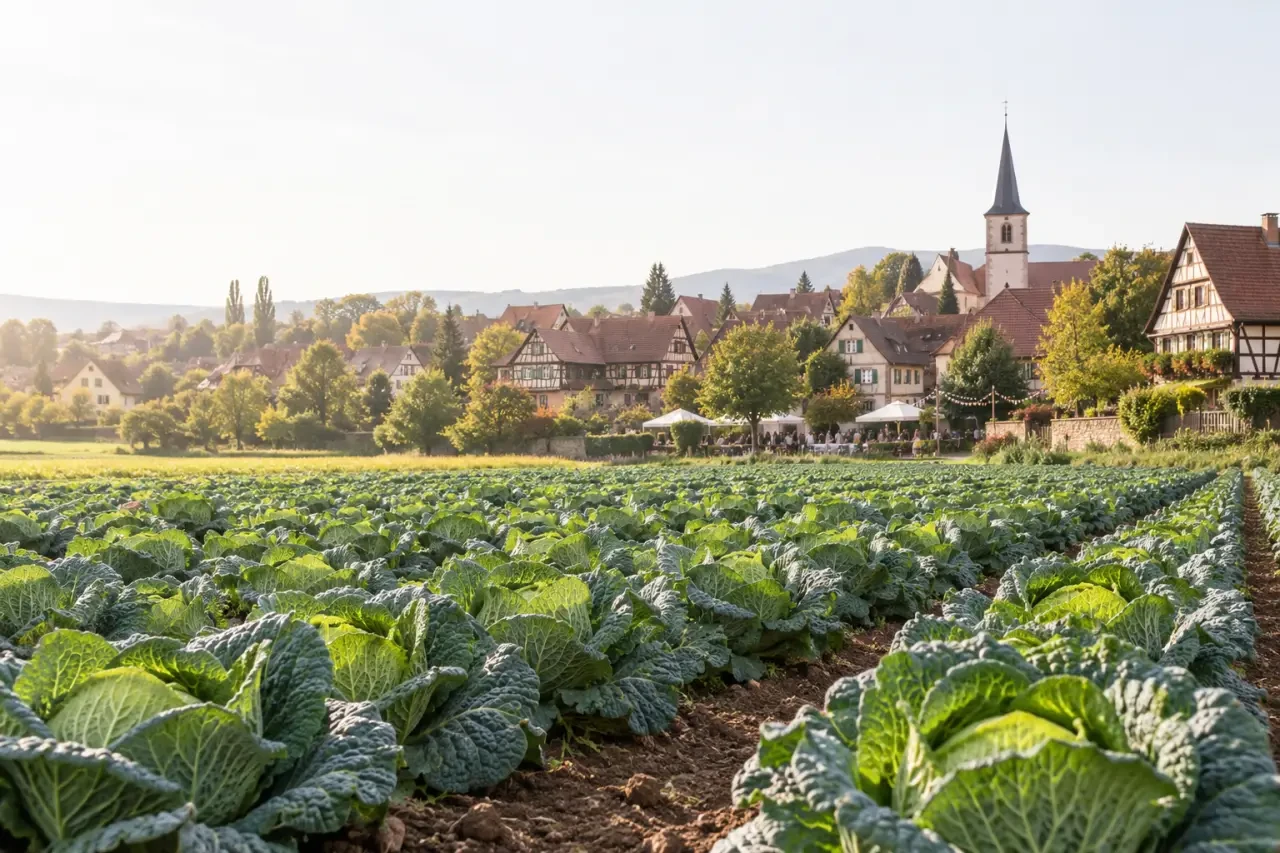 Krautergersheim, capitale de la choucroute, entre champs de choux et village alsacien