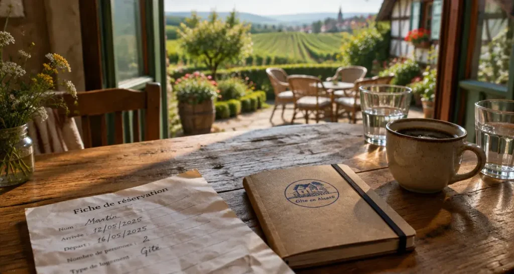Gite alsace : fiche de réservation, café et terrasse avec vue vignes