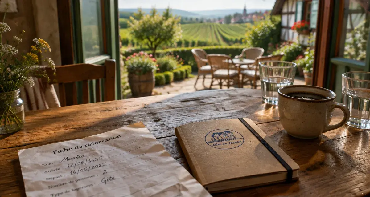 Gite alsace : fiche de réservation, café et terrasse avec vue vignes