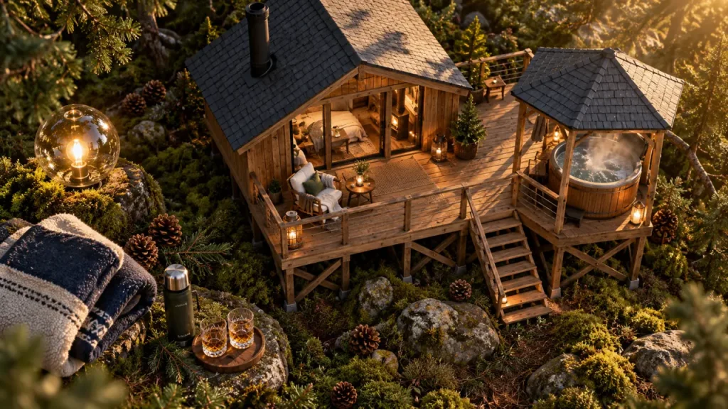 Hébergement insolite Grand Est : cabane avec bain nordique couvert