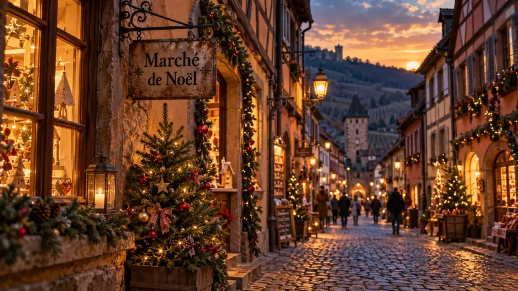 Ruelle illuminée de Noël à Riquewihr, les plus beaux villages de noel alsace