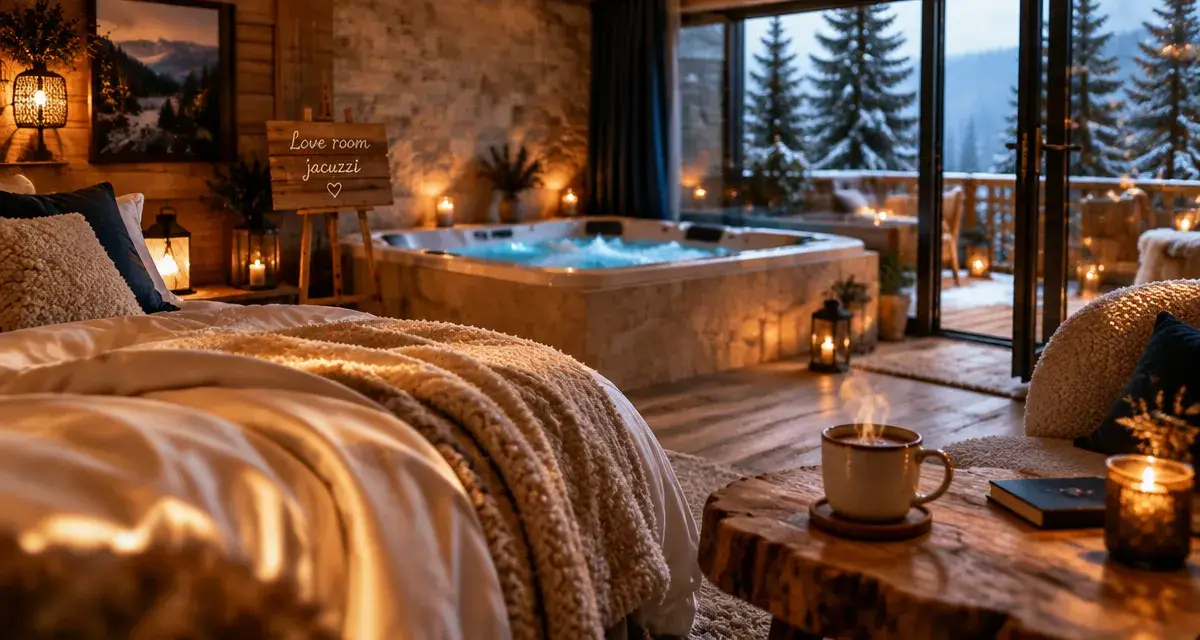 Love room vosges avec jacuzzi privatif, coin salon et terrasse vitrée