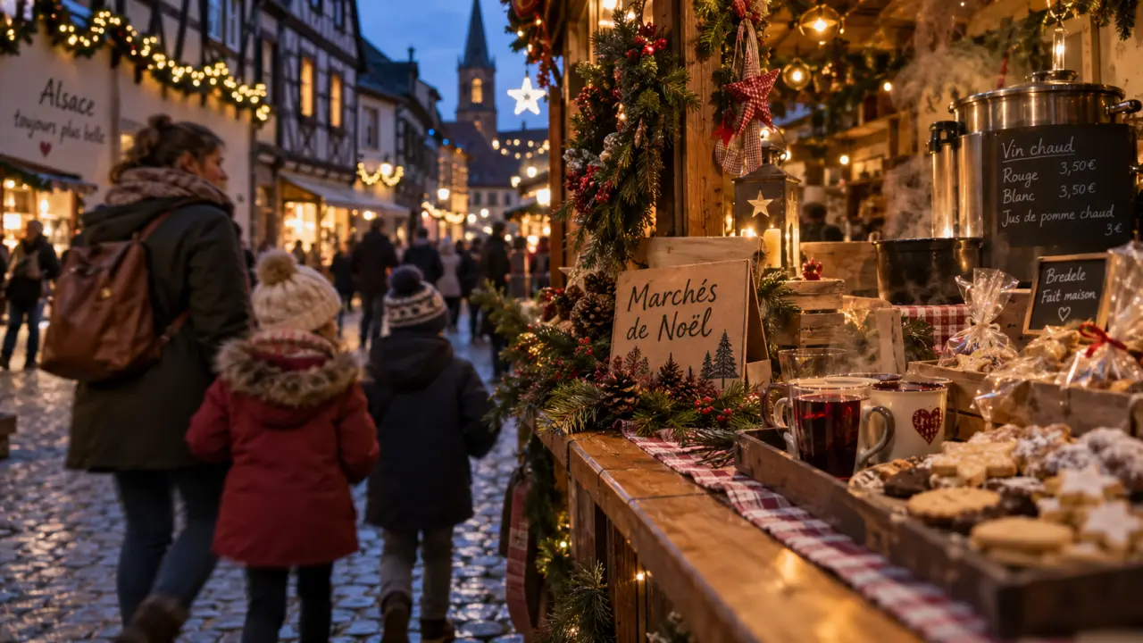 Marchés de noel autour de Strasbourg : ruelle alsacienne, vin chaud et étal de Noël