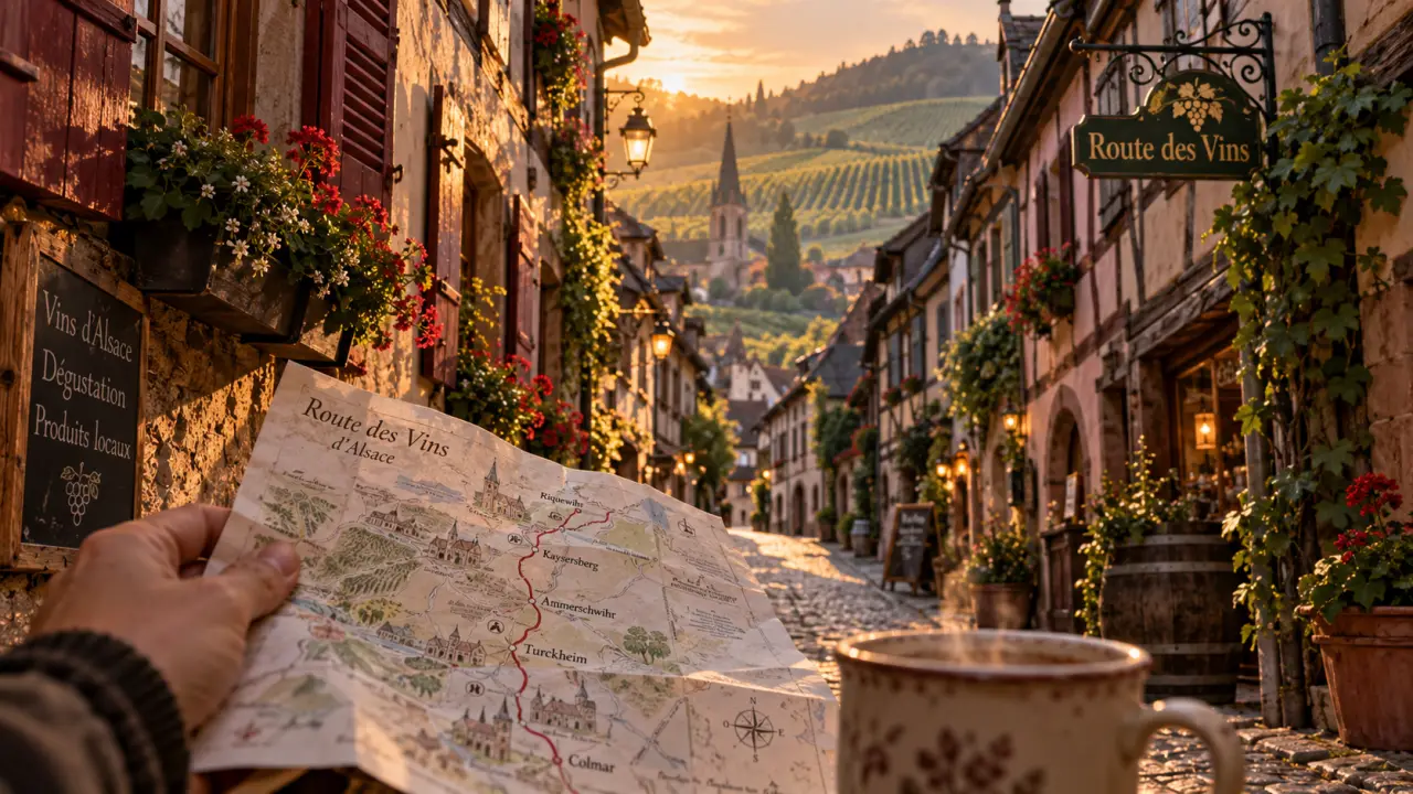 Most beautiful villages in alsace : ruelle alsacienne et plan de route Route des Vins