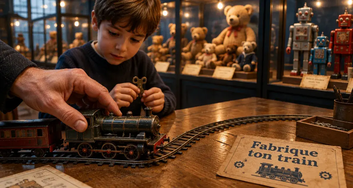 Musée du jouet de Colmar : main et enfant ajustent une petite locomotive en métal sur un rail.