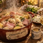 Plat alsacien choucroute garnie, lard et pommes de terre