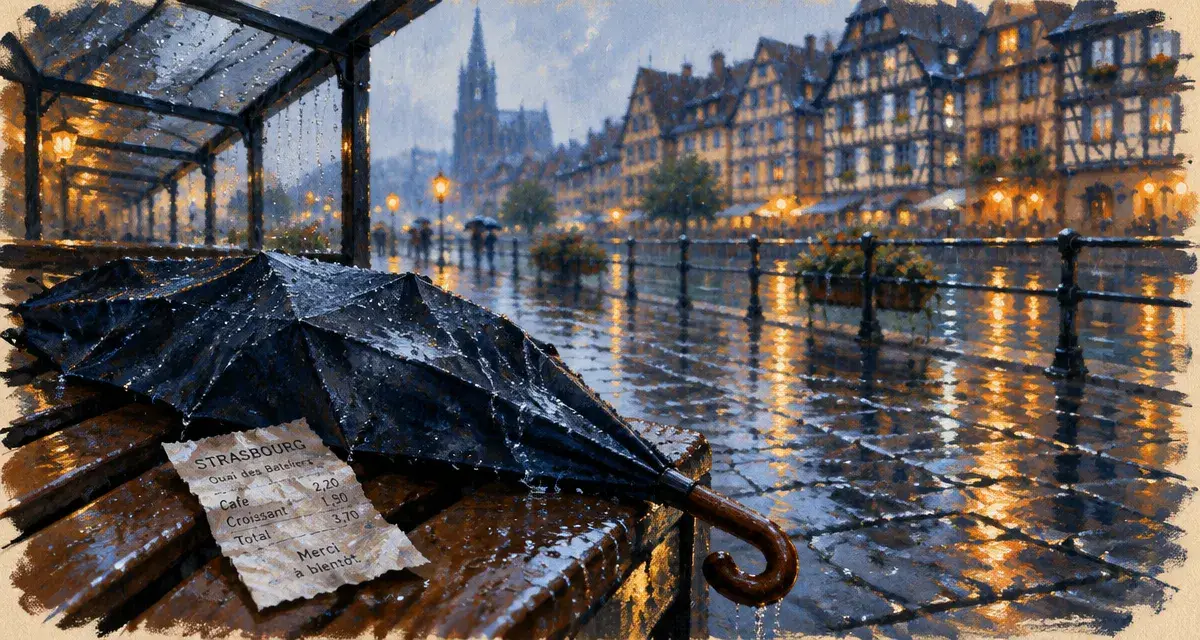 Que faire Alsace pluie : quai de Strasbourg sous la pluie, parapluie