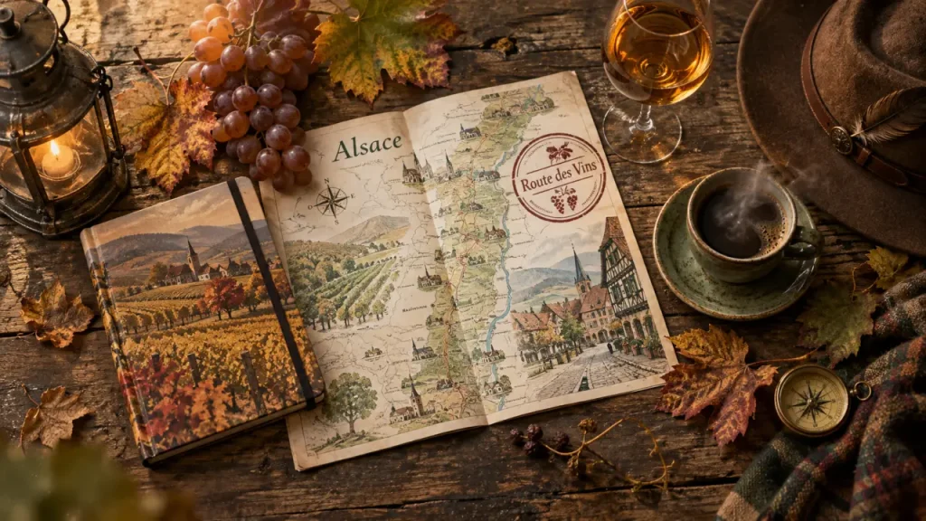 Que faire en Alsace à la Toussaint : carte et vin d’automne sur table