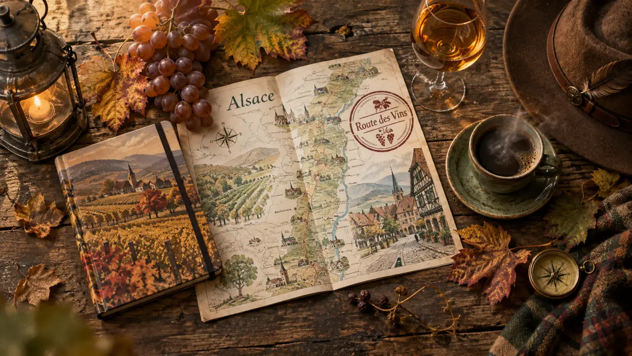 Que faire en Alsace à la Toussaint : carte et vin d’automne sur table
