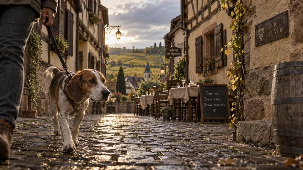 Que faire en Alsace avec un chien : chien en laisse dans un village viticole et vignes