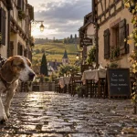 Que faire en Alsace avec un chien : chien en laisse dans un village viticole et vignes