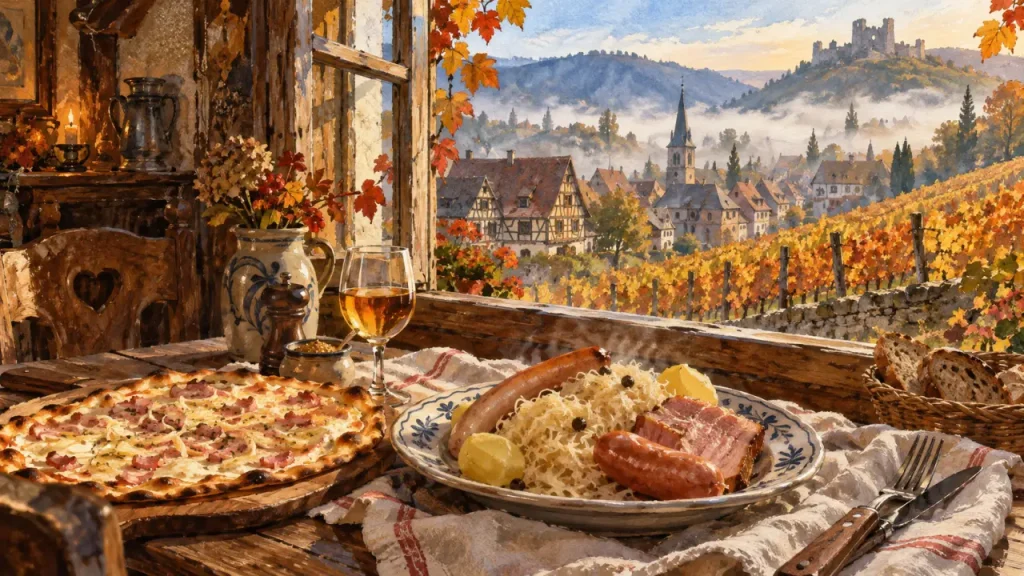 Que faire en Alsace en automne : winstub alsacien, tarte flambée et vignes dorées