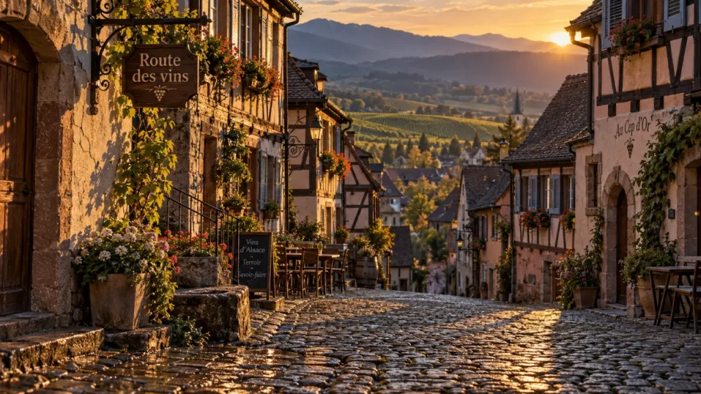 Que faire en Alsace en avril : rue alsacienne aux vignes, maisons à colombages et fleurs