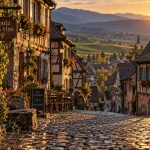 Que faire en Alsace en avril : rue alsacienne aux vignes, maisons à colombages et fleurs