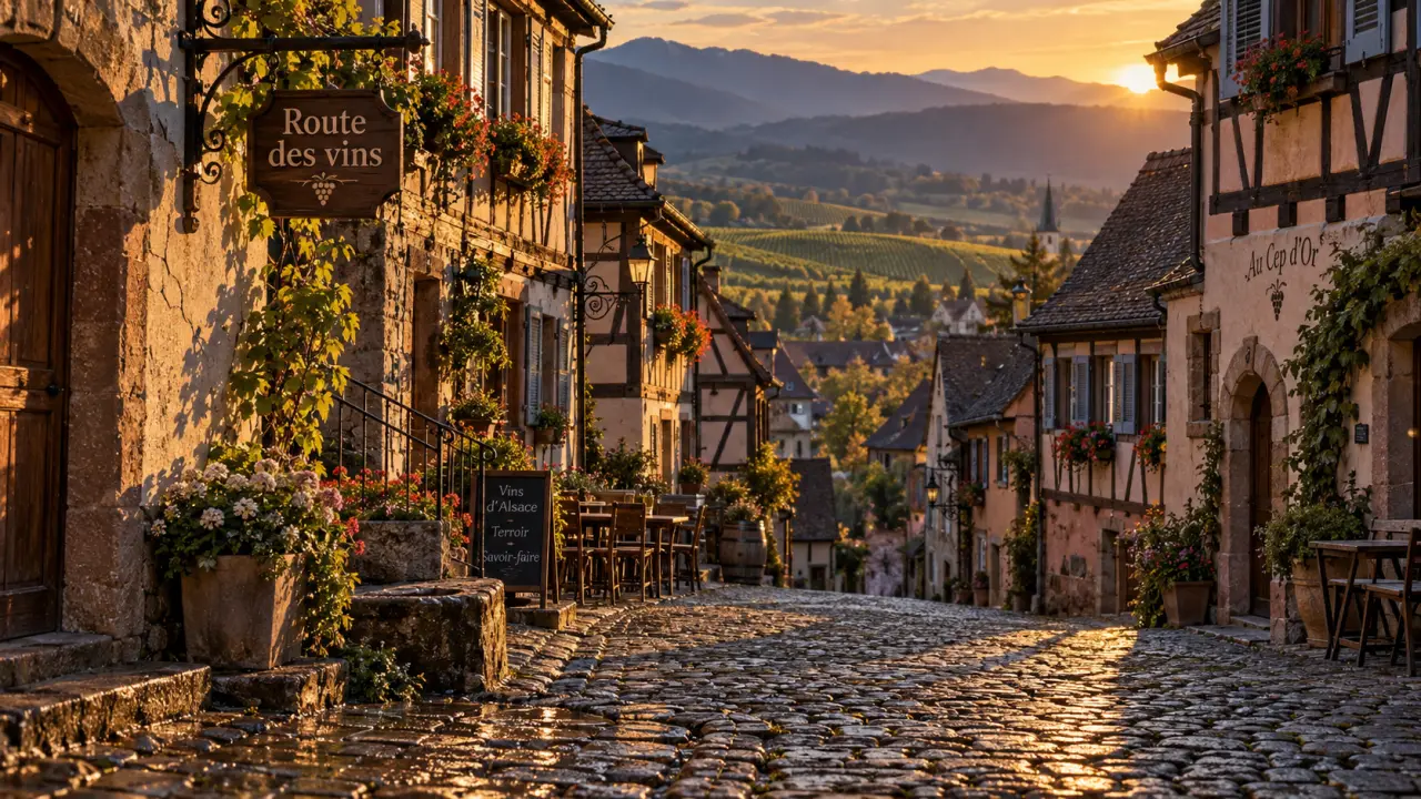 Que faire en Alsace en avril : rue alsacienne aux vignes, maisons à colombages et fleurs