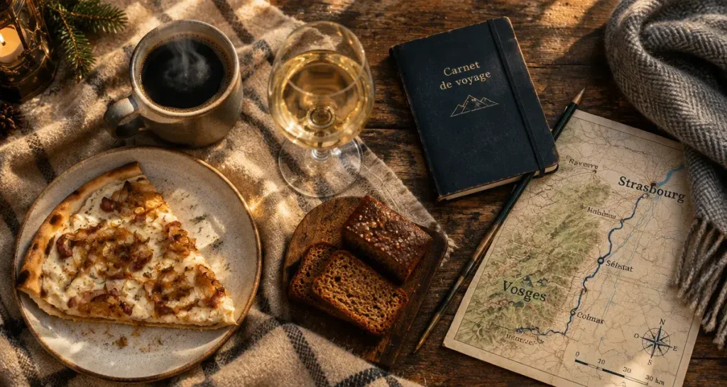 Que faire en alsace en fevrier : tarte flambée, café et vin blanc alsacien, ambiance neige vosgienne