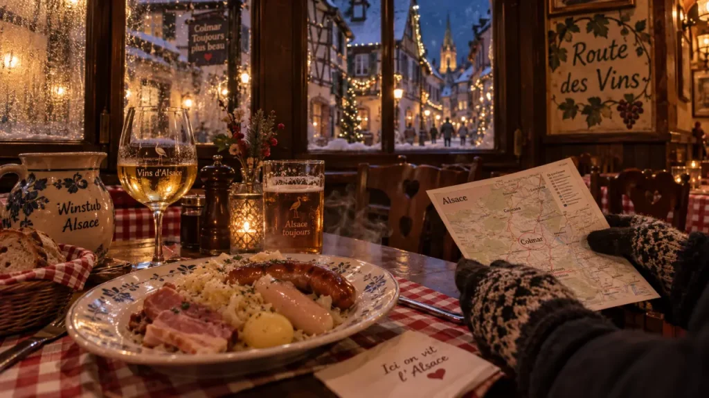 Que faire en alsace en hiver : winstub alsacienne et ruelle illuminée à Colmar