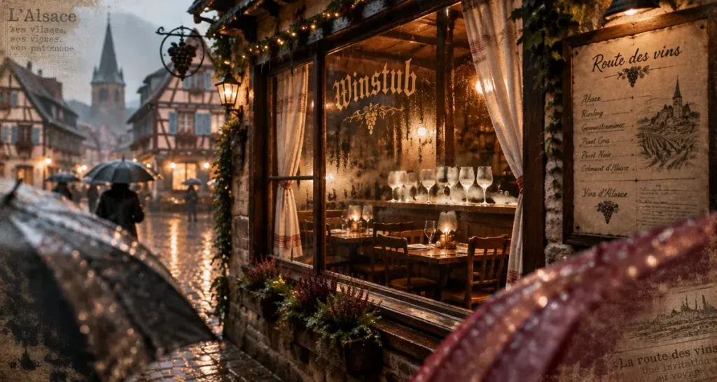 Que faire en Alsace par temps de pluie : winstub vitrée au chaud sous la pluie