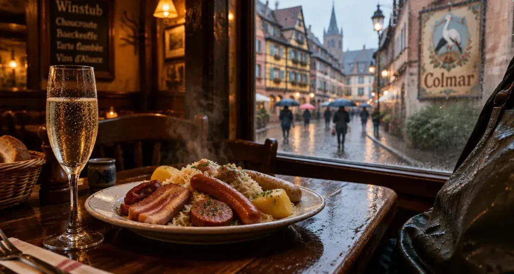 Que faire en alsace sous la pluie : winstub à Colmar, choucroute et crémant, pluie dehors